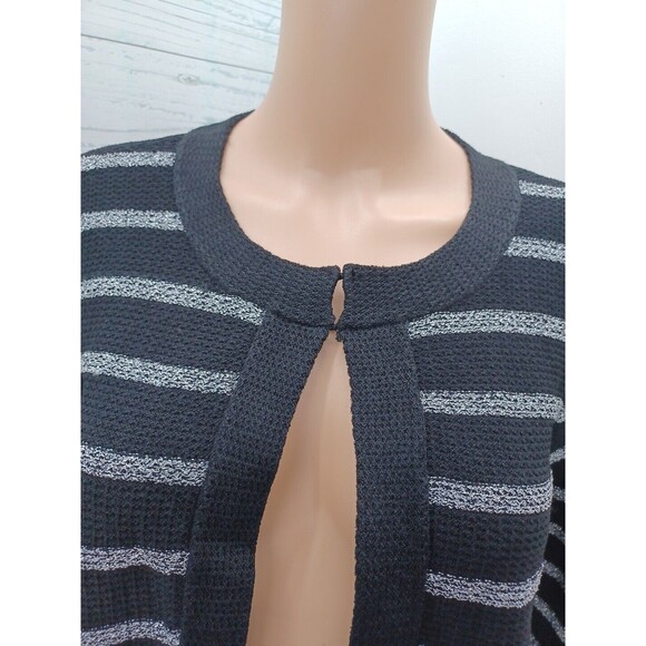 Jones New York Signature Open Cardigan Black Metallic Silver Stripe Texture Sz L - Picture 2 of 9
